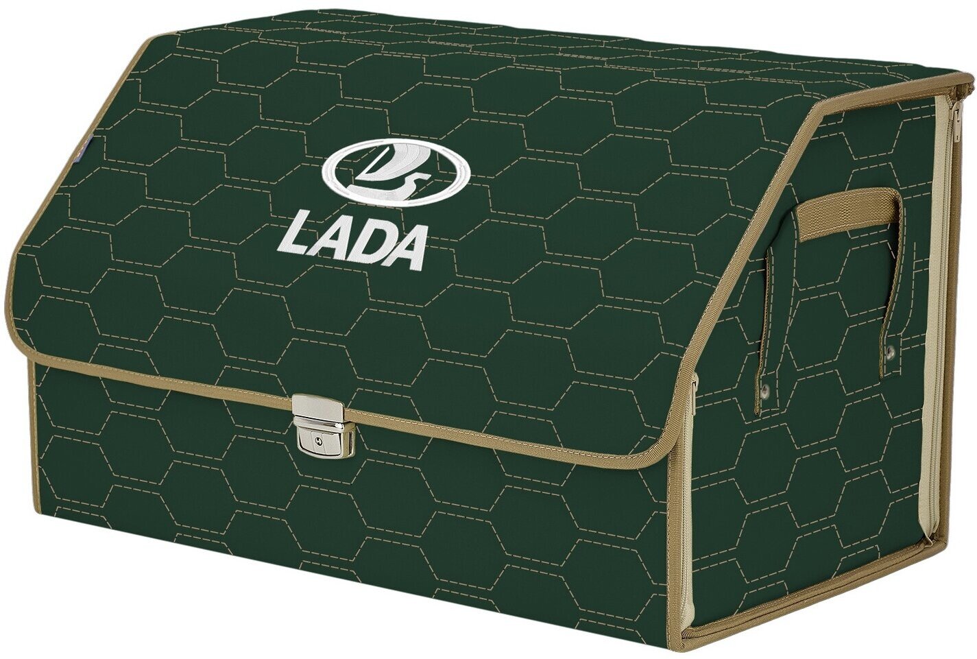 Органайзер-саквояж в багажник "Союз Премиум" (размер XL). Цвет: зеленый с бежевой прострочкой Соты и вышивкой LADA (лада).
