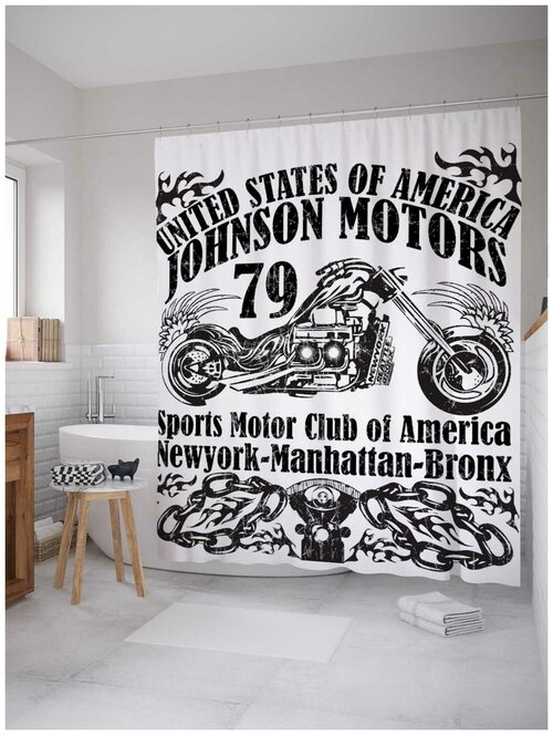 Штора для ванной JoyArty Cпортивный мотоклуб Америки Джонсон Моторс 1979 180x200180х200 см, белый/черный