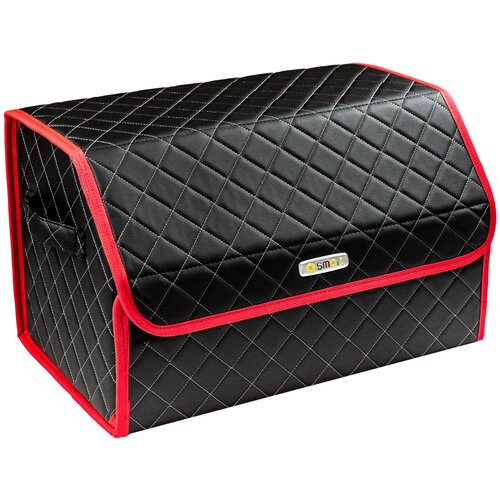 фото Сумка-органайзер в багажник автомобиля из экокожи черная с серой нитью vicecar (красный кант) с логотипом smart