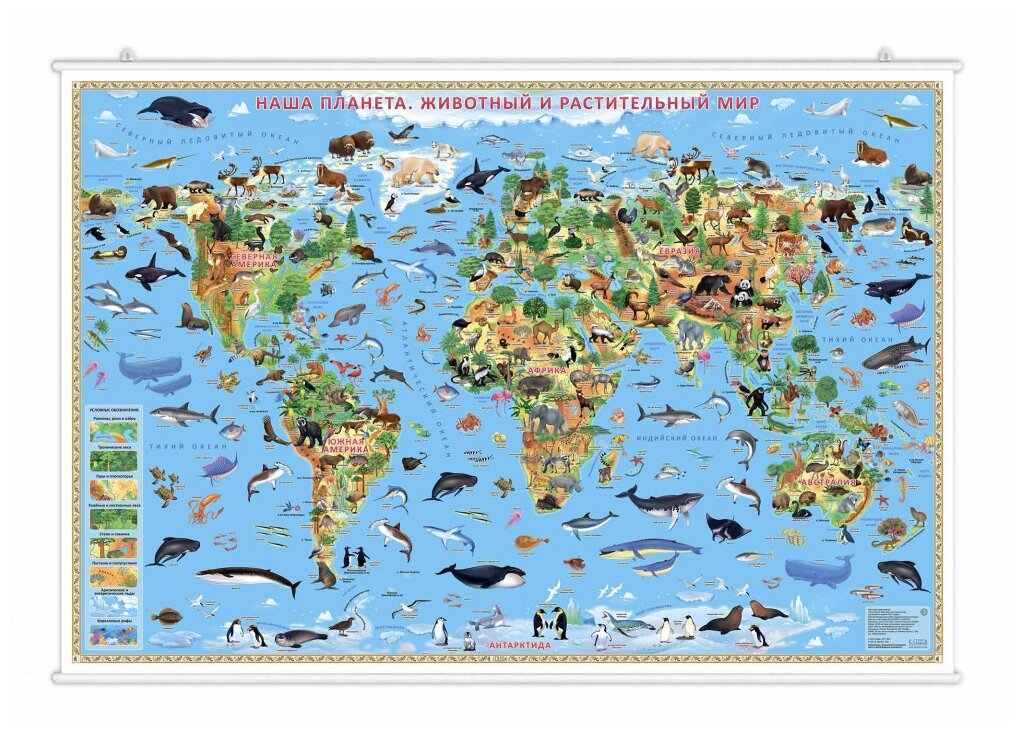 Карта настенная на рейках. Наша планета. Животный и растительный мир. 124х80 см. 9785907093850