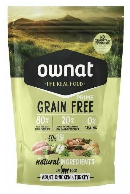 Ownat Adult Grain Free сухой корм для взрослых кошек с курицей и индейкой, 400 гр