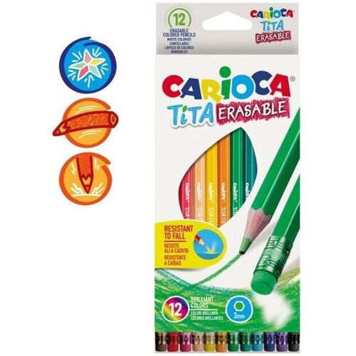 Карандаши 12 цветов Carioca "Tita Erasable", стираемые, яркий грифель 3.0 мм, шестигранные, пластиковые, картон, европодвес