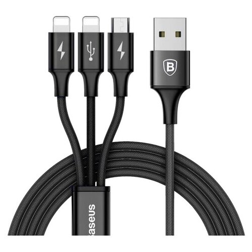 Кабель Baseus 3 in 1 Rapid Series USB - microUSB/2xLightning (CAMLL-SU), 1.2 м, 1 шт., черный кабель baseus 3 in 1 rapid series usb microusb 2xlightning camll su 1 2 м 1 шт черный