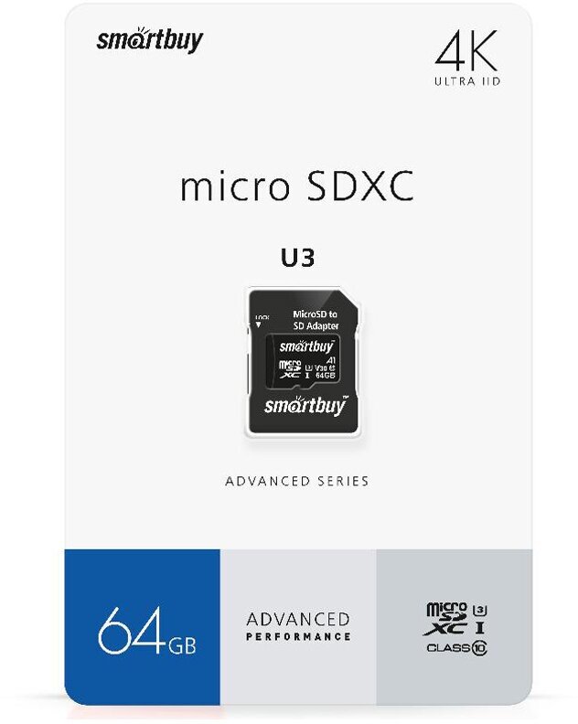 Карта памяти SmartBuy MicroSDXC 64GB PRO U3 Advanced Class 10 скорость чтения 90Мб/сек (с адаптером SD)