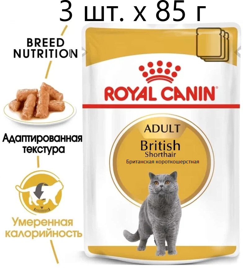 Влажный корм для кошек Royal Canin British Shorthair Adult, для взрослых кошек породы британская короткошерстная, 3 шт. х 85 г (кусочки в соусе)