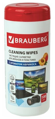 Салфетки чистящие влажные Brauberg "Абрикос", для экранов и пластика, в тубе, 100шт, 5 уп. (513321)