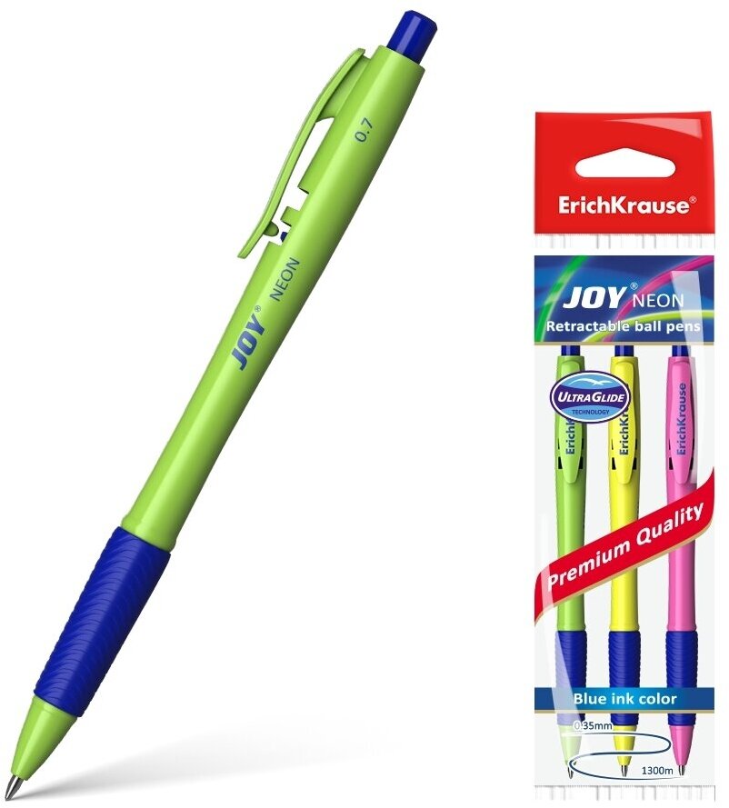 Ручка шариковая автоматическая ErichKrause® JOY® Neon, Ultra Glide Technology, цвет чернил синий (в пакете по 3 шт.)