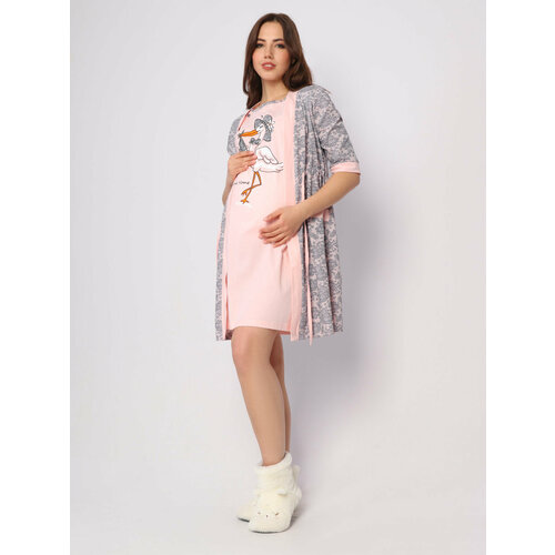 фото Комплект для кормления style margo, сорочка, халат, укороченный рукав, пояс, размер 44, розовый