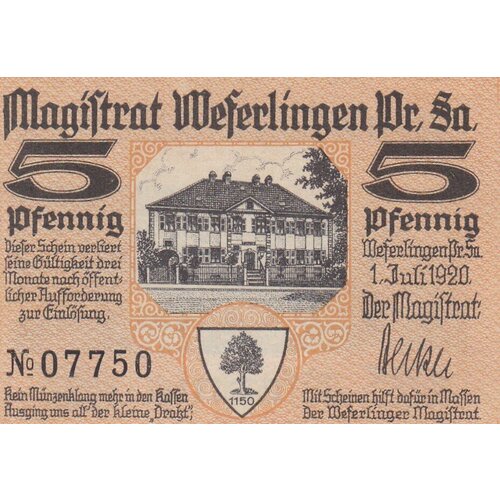 Германия (Веймарская Республика) Веферлинген 5 пфеннигов 1920 г. германия веймарская республика виттен 5 пфеннигов 1920 г