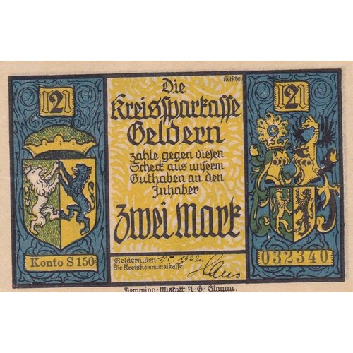 Германия (Веймарская Республика) Гельдерн 2 марки 1922 г. германия веймарская республика вайнхайм 2 марки 1922 г