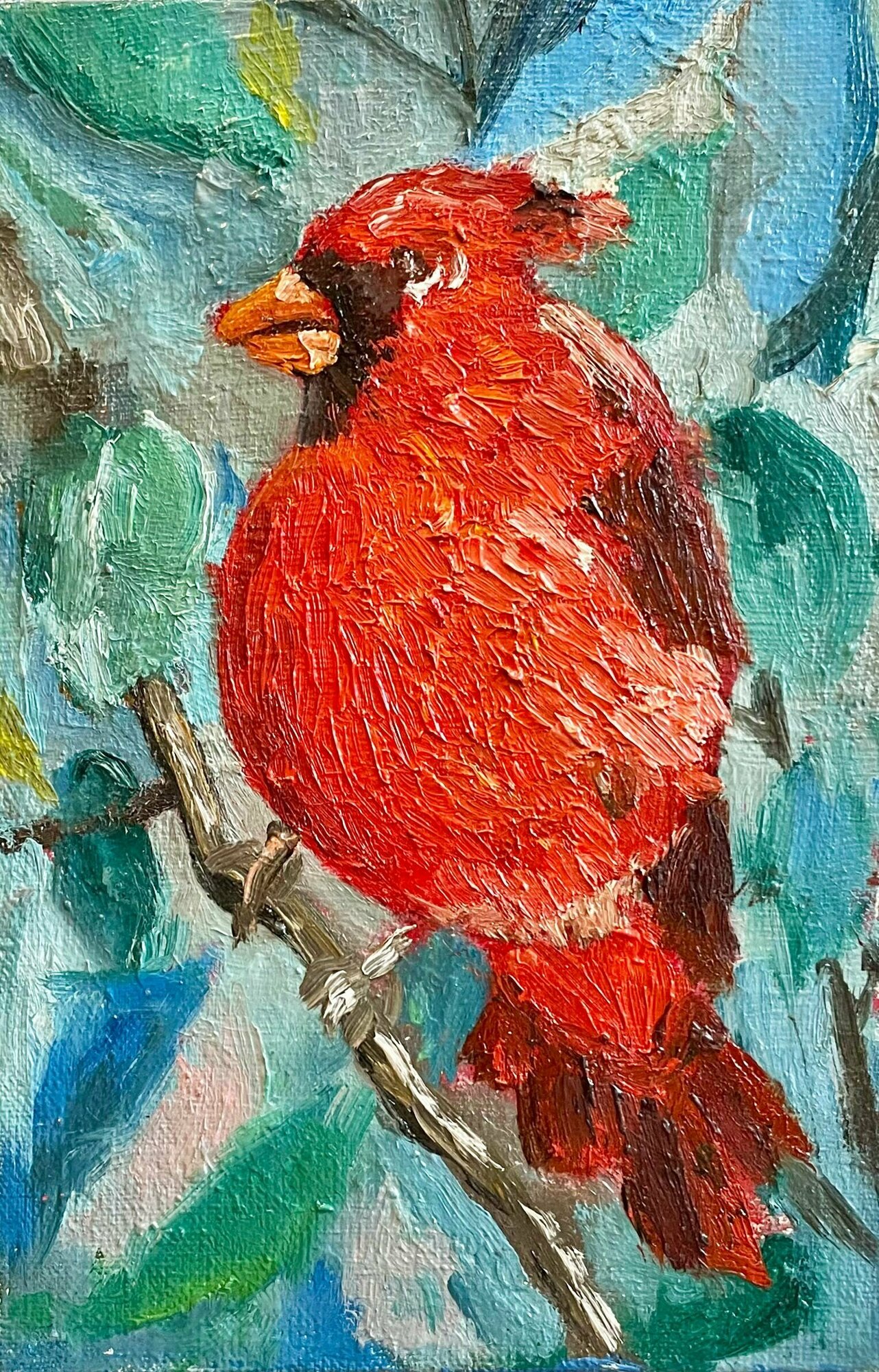 Картина ручной работы маслом птица Красный Кардинал в раме
