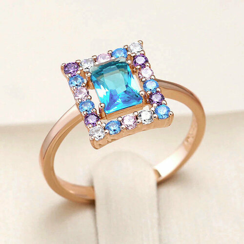 фото Кольцо женское кольцо с голубым цирконом, медь, золочение, циркон, размер 18, золотой kinel