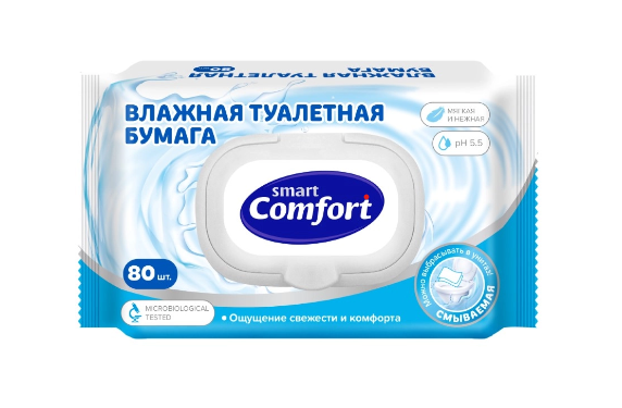 Влажная туалетная бумага смываемая Comfort Smart 80 листов, с пластиковым клапаном