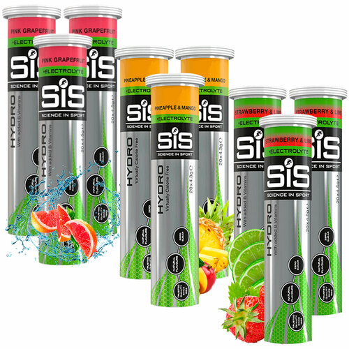 фото Изотоник science in sport (sis) go hydro tablet 20s_3 9 x 20 таблеток, розовый грейпфрут, ананас - манго, клубника - лайм