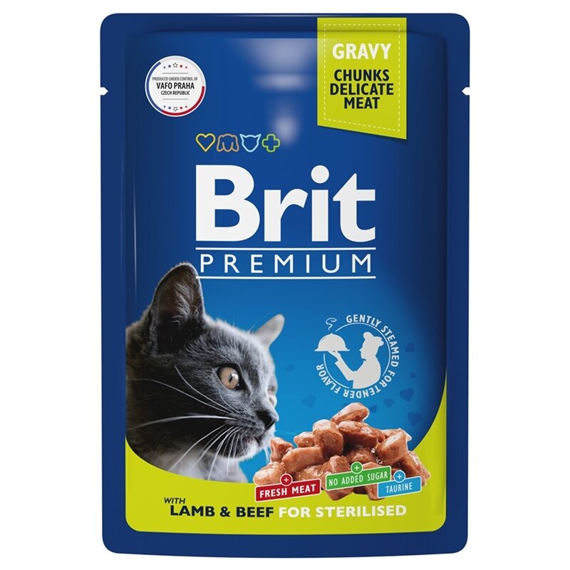 Brit Premium Корм консервированный для взрослых стерилизованных кошек ягненок и говядина в соусе, 85гр, 12 штук