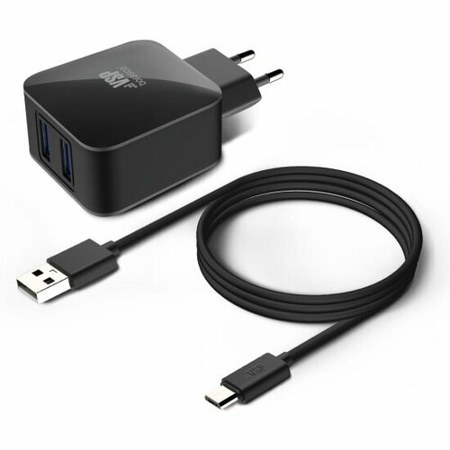 Сетевое зарядное устройство BORASCO 2USB, 2,1A + Дата-кабель micro USB, 2А, 1м, черное