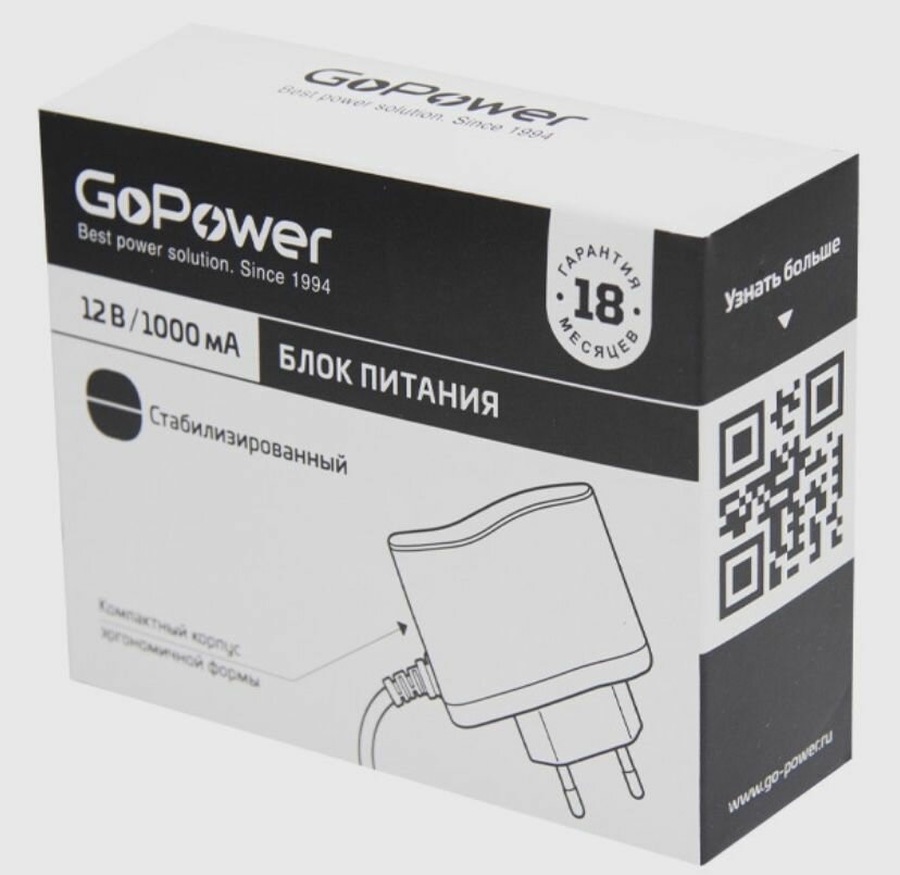 Блок питания GoPower 1.0A 12V 55x25/12мм импульсный