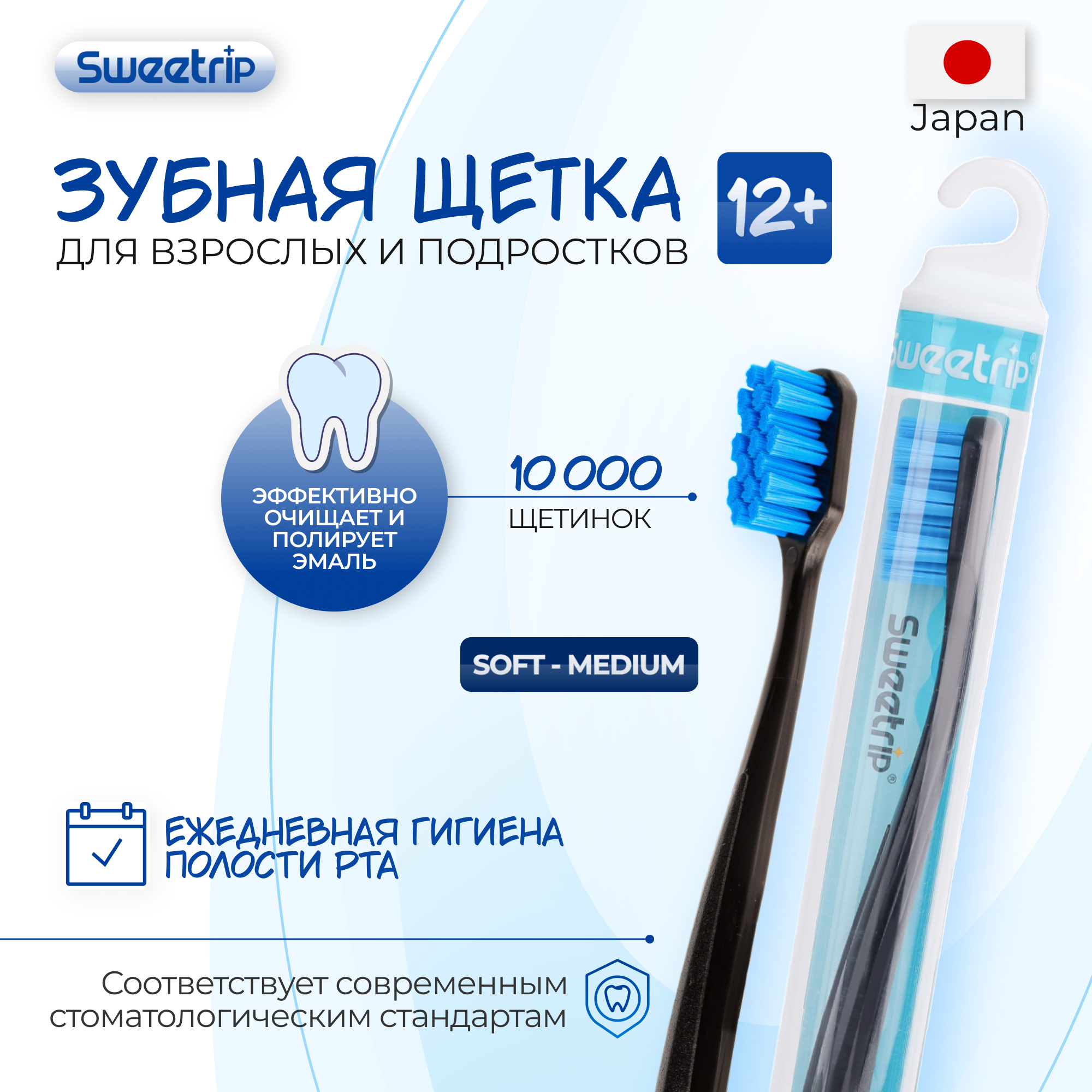 Зубная щетка мягкая взрослая, нейлоновая с плотной и тонкой щетиной soft - medium 10000 щетинок от кариеса, налета и камня, Black Royal, Япония