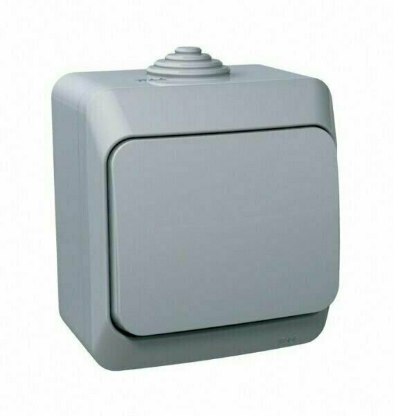 фото Выключатель одноклавишный / 1 клавишный открытой установки установки 10А/250В IP44 сер. Этюд