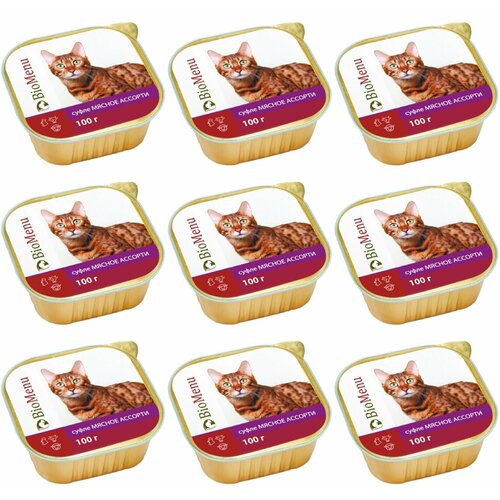 BioMenu Консервы для кошек кошек суфле Мясное ассорти, 100 г, 9 шт