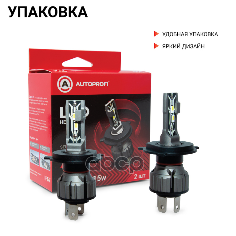 X2-H4_лампа Светодиодная! H4, 12V / 15W, 6000K, 4000 Lm, Комплект 2 Шт. AUTOPROFI арт. X2H4