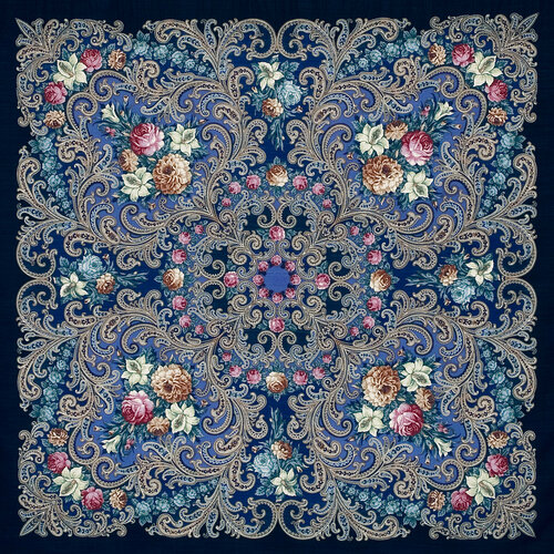 Платок Павловопосадская платочная мануфактура,125х125 см, голубой, бежевый павловопосадский платок тайна сердца 1437 17