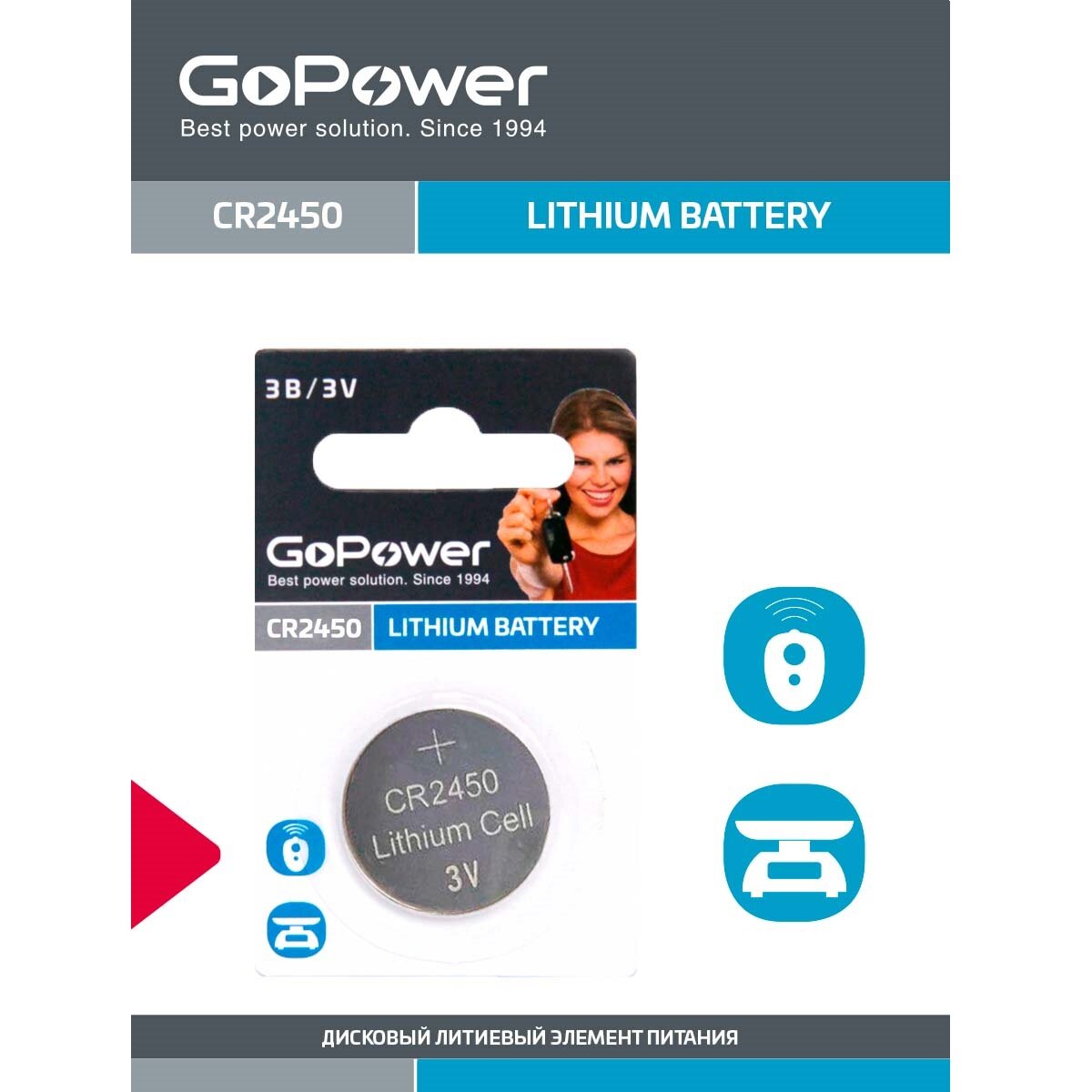 Батарейка GoPower CR2450 Lithium 3V — фото 1