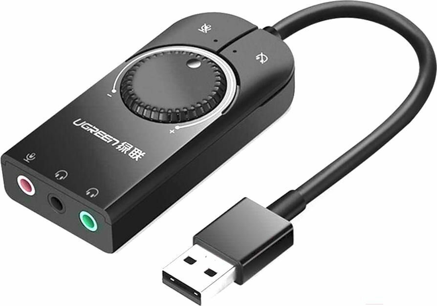 Звуковая карта внешня Ugreen CM129 USB, поддержка 2 наушников, Black 40964