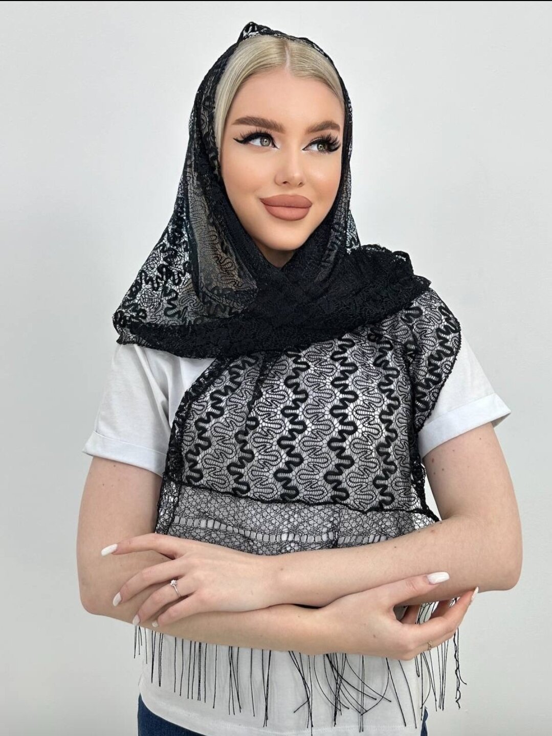 Шарфик женский с ажурным узором, чёрный, 45х150 см, Китай