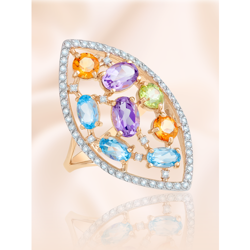 Перстень Магия Золота, красное золото, 585 проба, родирование, фианит, топаз, цитрин, хризолит, аметист, размер 17, голубой, желтый