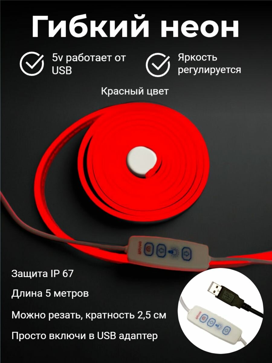 Гибкий неон c USB, 5 метров, 5V DC, цвет красный, неоновая светодиодная лента 5х12мм, 120 LED/m, IP 67