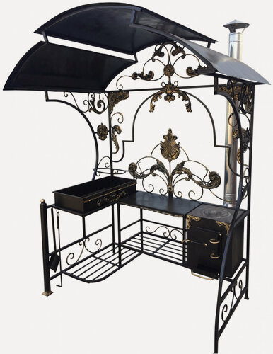 Изображение товара Мангал Mangal-market Август, кованый, с крышей, печью, дымоходом, 10 пазов для шампуров, черный, 154х125х235 см