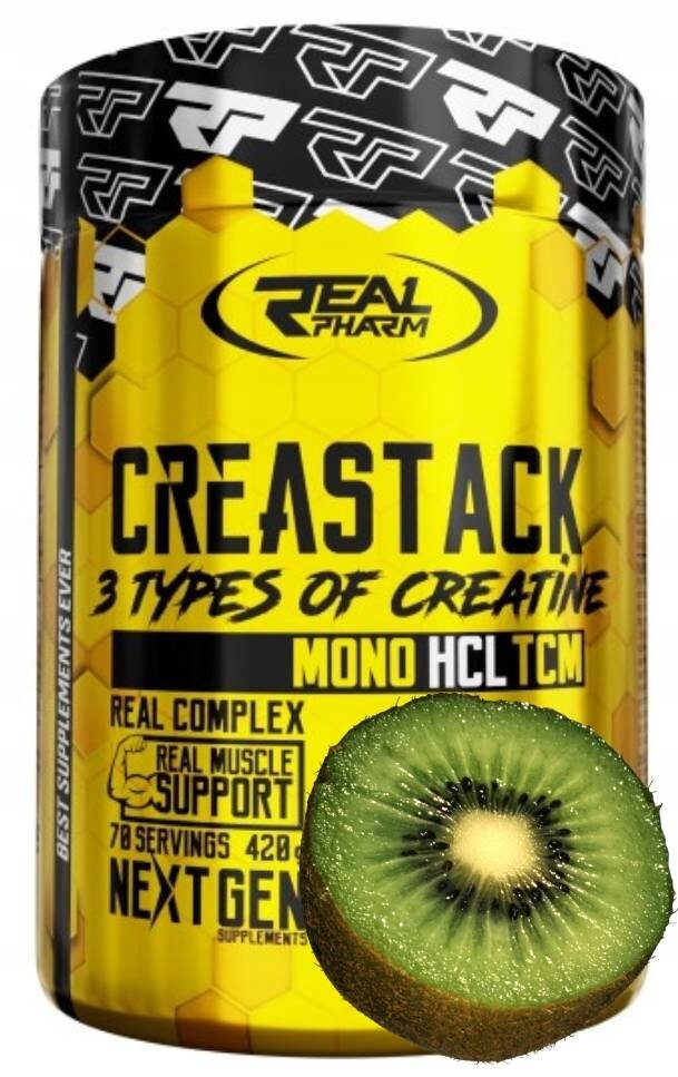 Креатиновый комплекс"Real Pharm Crea Stack" 75 порций, для роста мышц, выносливости, киви-апельсин (моногидрад, HLC, TCM)
