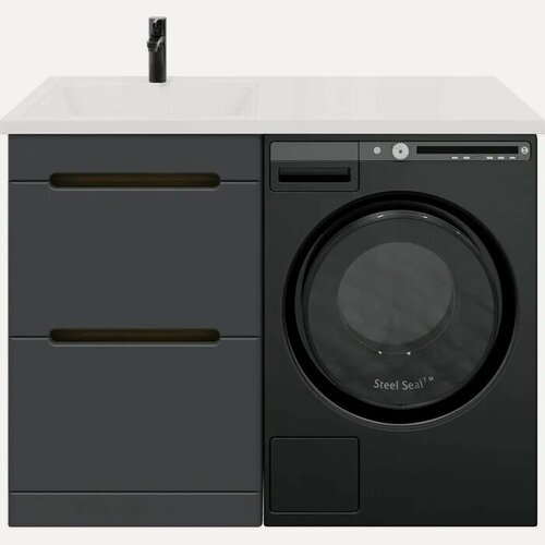 Изображение товара Тумба с раковиной SanStar Darko 110 L под стиральную машину под стиральную машину, напольная, 110, 2 см, серая, черная, светлое дерево, глянцевая, из МДФ, с ящиками, раковина для ванной, из искусствен