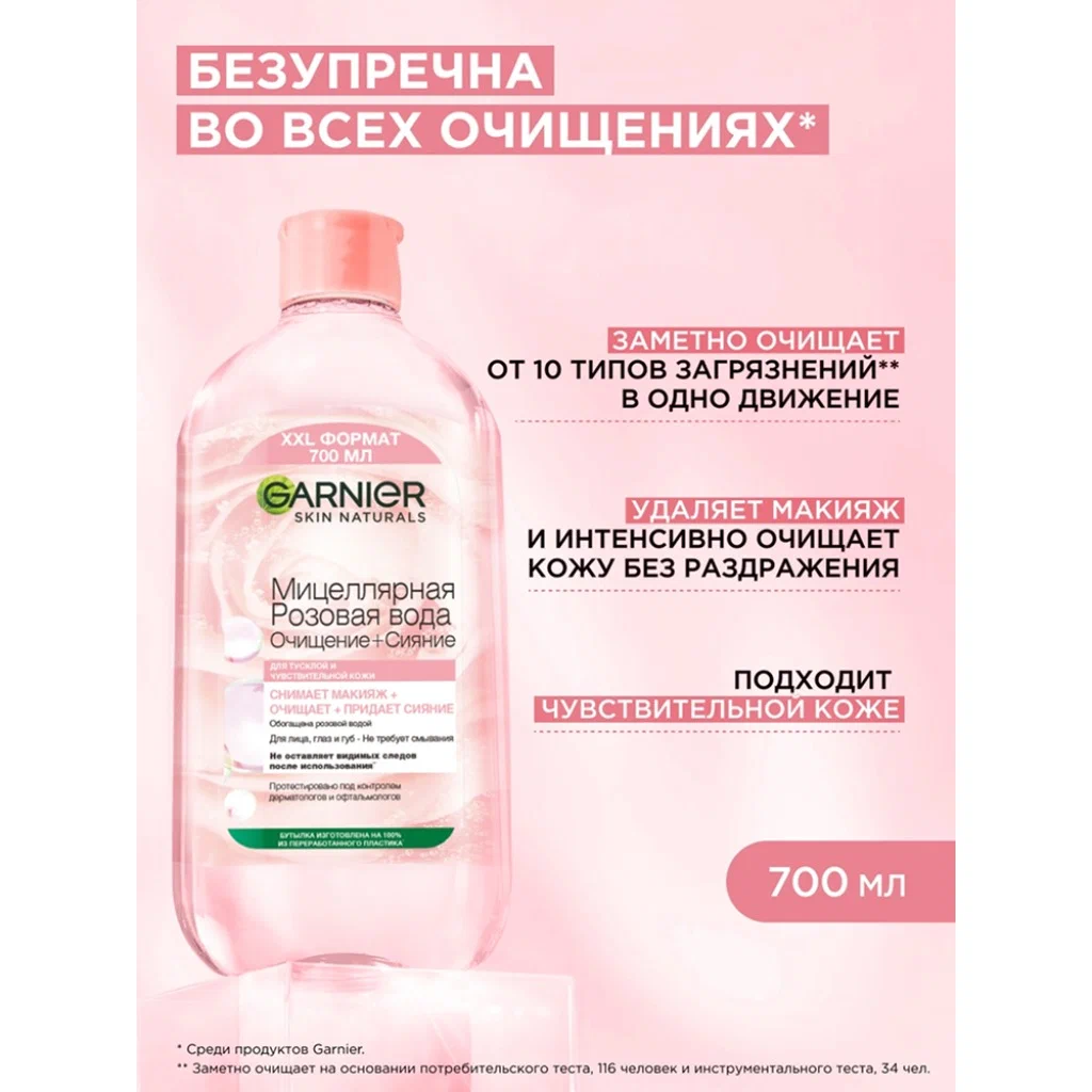 Garnier Мицеллярная Розовая вода, Очищение+Сияние, для тусклой и чувствительной кожи, 700 мл