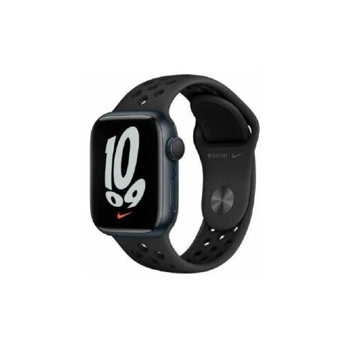 Apple Watch Series 7, 41 мм, корпус из алюминия цвета «тёмная ночь», спортивный ремешок Nike цвета «антрацитовый/чёрный»