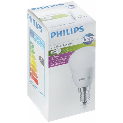 Лампа светодиодная Philips CorePro lustre 4000K, E14, P45, 5.5Вт, 4000 К