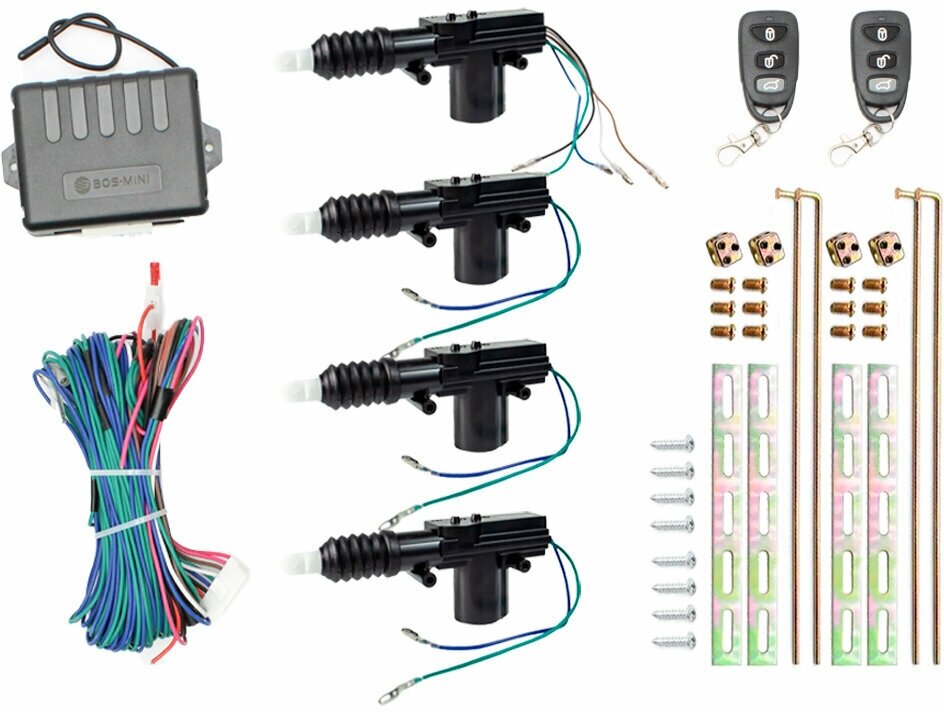 Комплект Центрального Замка для авто с 4 электроприводами (активаторами) замка двери универсальный 2 брелока 12В 4А 45 кг 15 ход