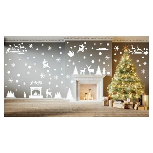 фото Набор новогодние наклейки doski4you белые (снежинки, олени, елки, снеговики, звезды) большие