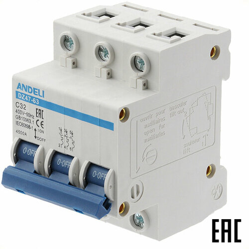 Автоматический выключатель на Din-рейку ADL01-095 ANDELI DZ47-63/3P C32A/3п/ 4,5кА (2 шт. в комплекте)