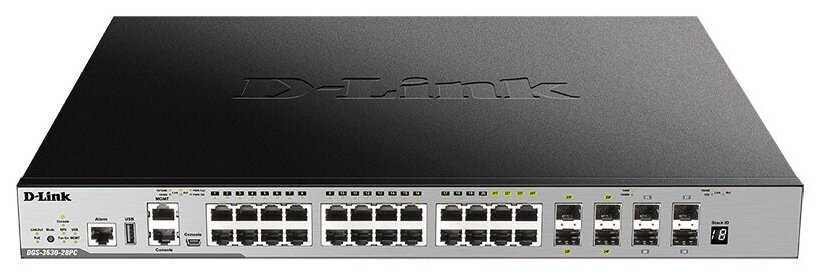 D-Link DGS-3630-28PC/A2ASI Управляемый стекируемый коммутатор 3 уровня с 20 портами 10/100/1000Base-T, 4 комбо-портами 100/1000Base-T/SFP и 4 портами