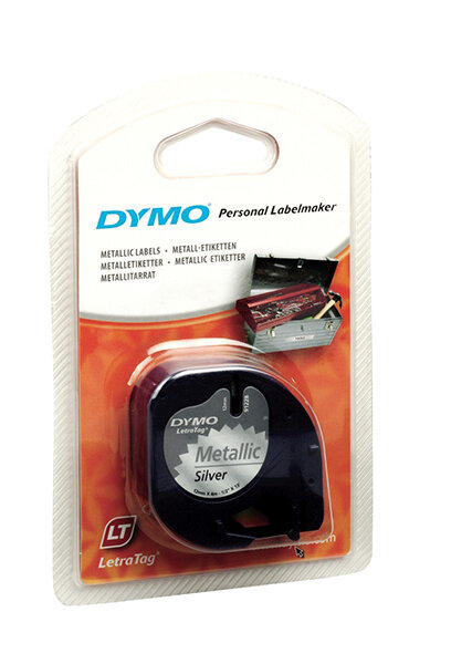 Лента Dymo [S0721730/91208] для принтера Letratag (пластик, черный на серебристом металлике, 12 мм, длина 4 м)