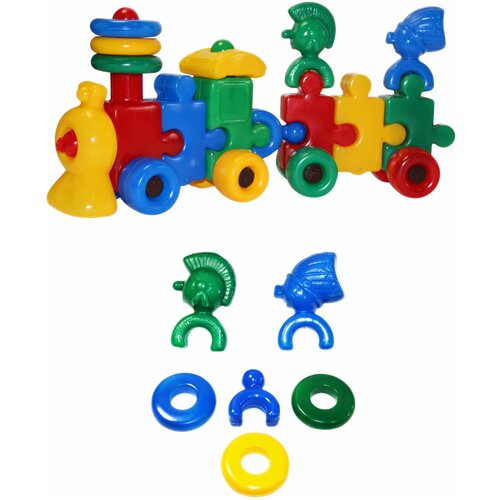 Каталка-игрушка Строим вместе счастливое детство Паровоз с индейцами (5003), желтый/красный/синий/зеленый деревянная игрушка каталка новогодний паровозик детская логика