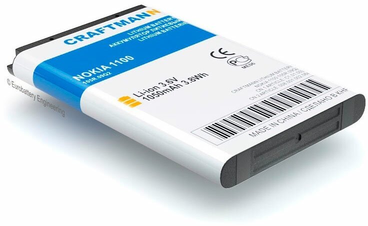 Аккумулятор Craftmann 1050 мАч для Nokia 110/1100/1280/1616/2600, FLY EZZY (BL-5C/MU220/SL240/SL241/BL6401/BL4507/BL-6C) — фото 1