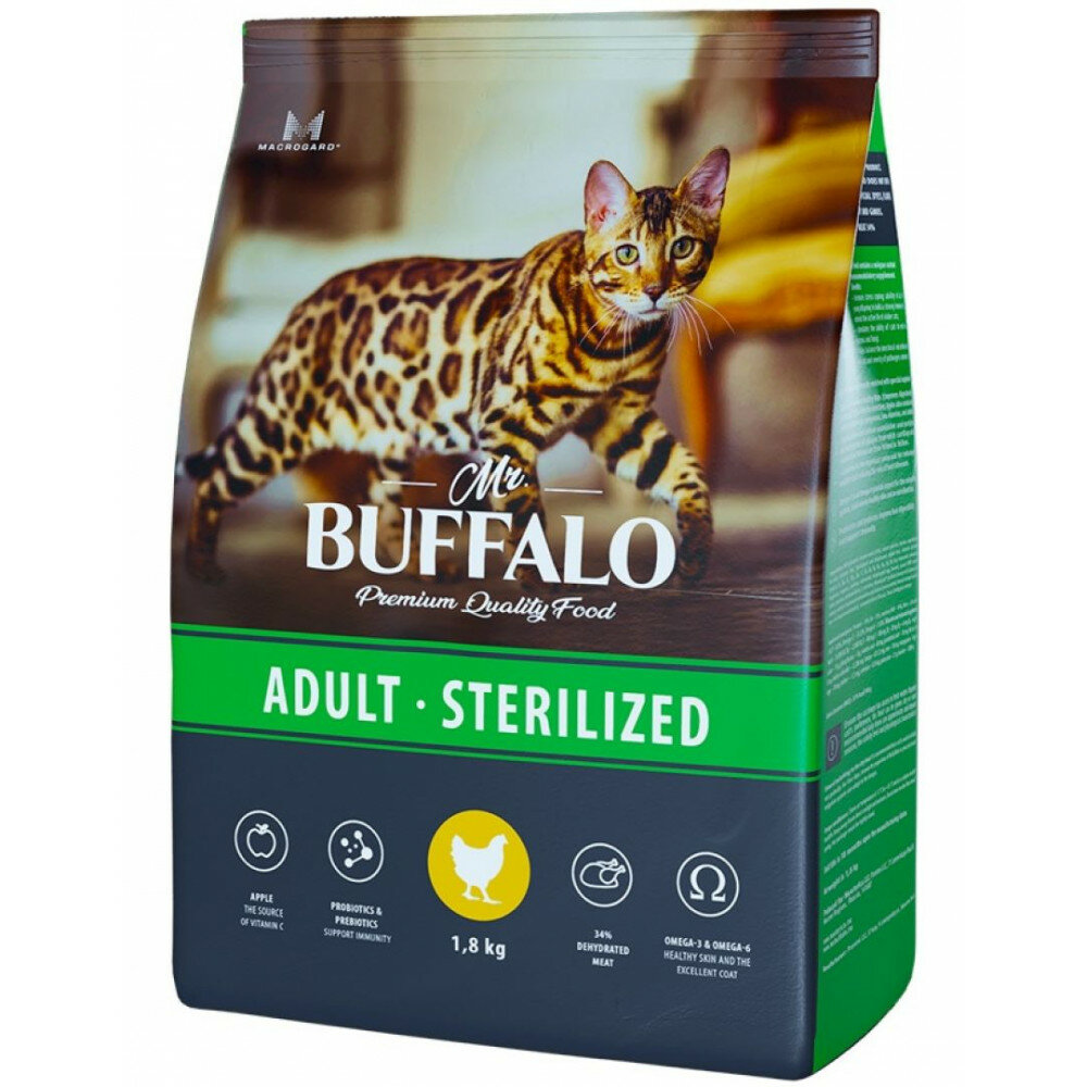 Mr. Buffalo Adult sterilized с курицей для взрослых стерилизованных кошек и кастрированных котов 1,8 кг