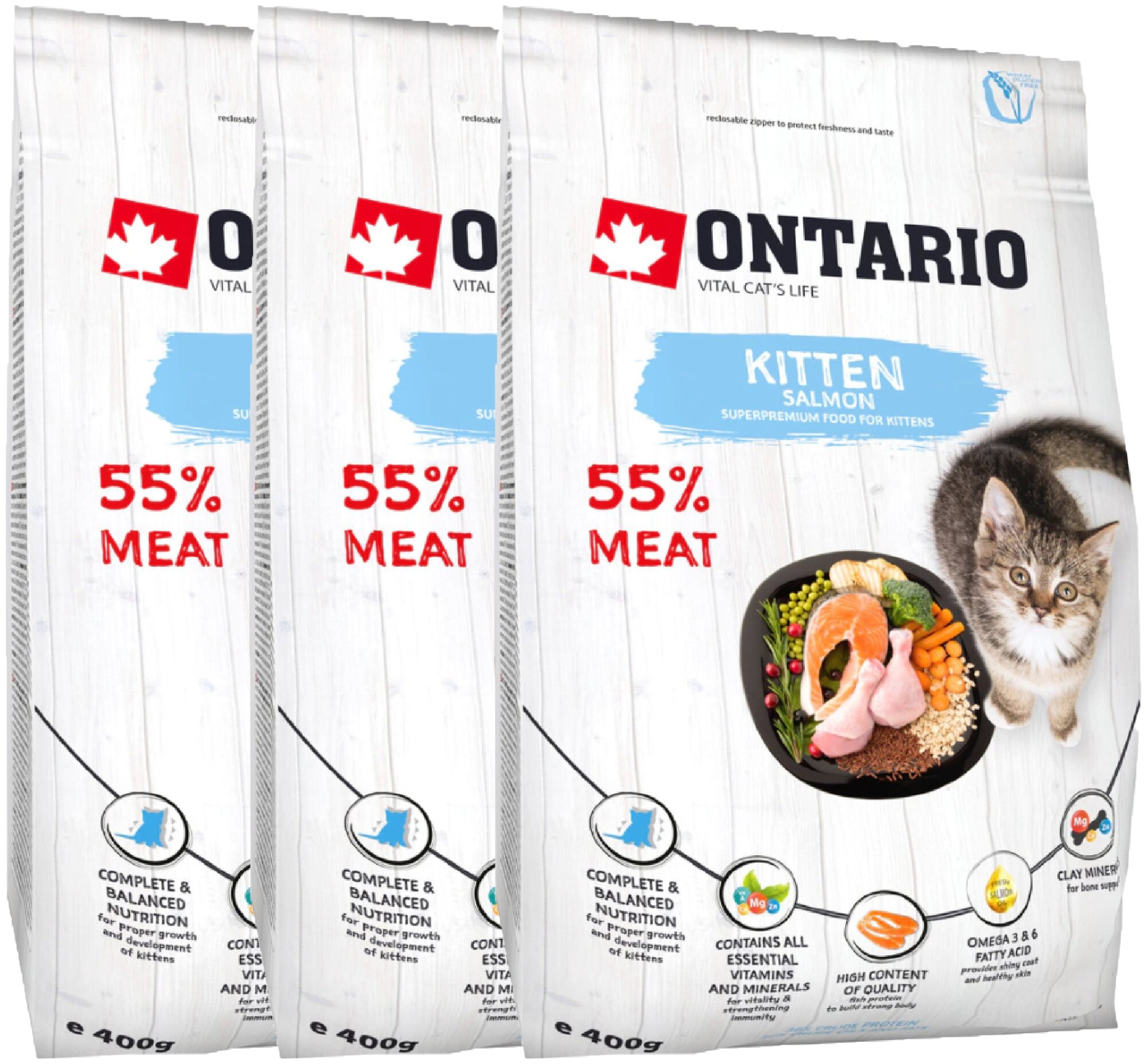 Ontario Для котят с лососем (Ontario Kitten Salmon) 0,4 кг х 3 шт.