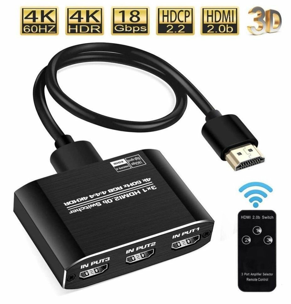 HDMI Переключатель switch вход 3 в 1 Выход с пультом ду для XBox PS4 PS5 Pro 4K 60 Гц 2.0b