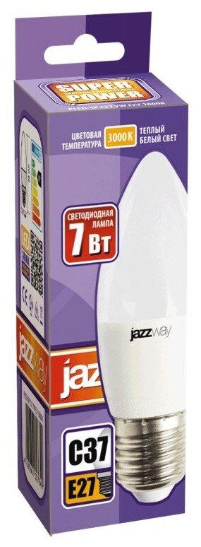 Лампа светодиодная PLED-SP 7Вт C37 свеча 3000К тепл. бел. E27 530лм 230В JazzWay 1027825-2