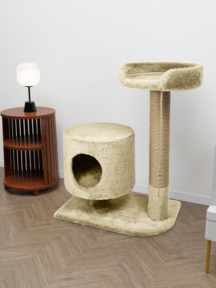 Когтеточка (игровой комплекс) YUGA для кошек с домиком, с лежанкой, с игрушкой 55х35х84см, бежевая - фотография № 2