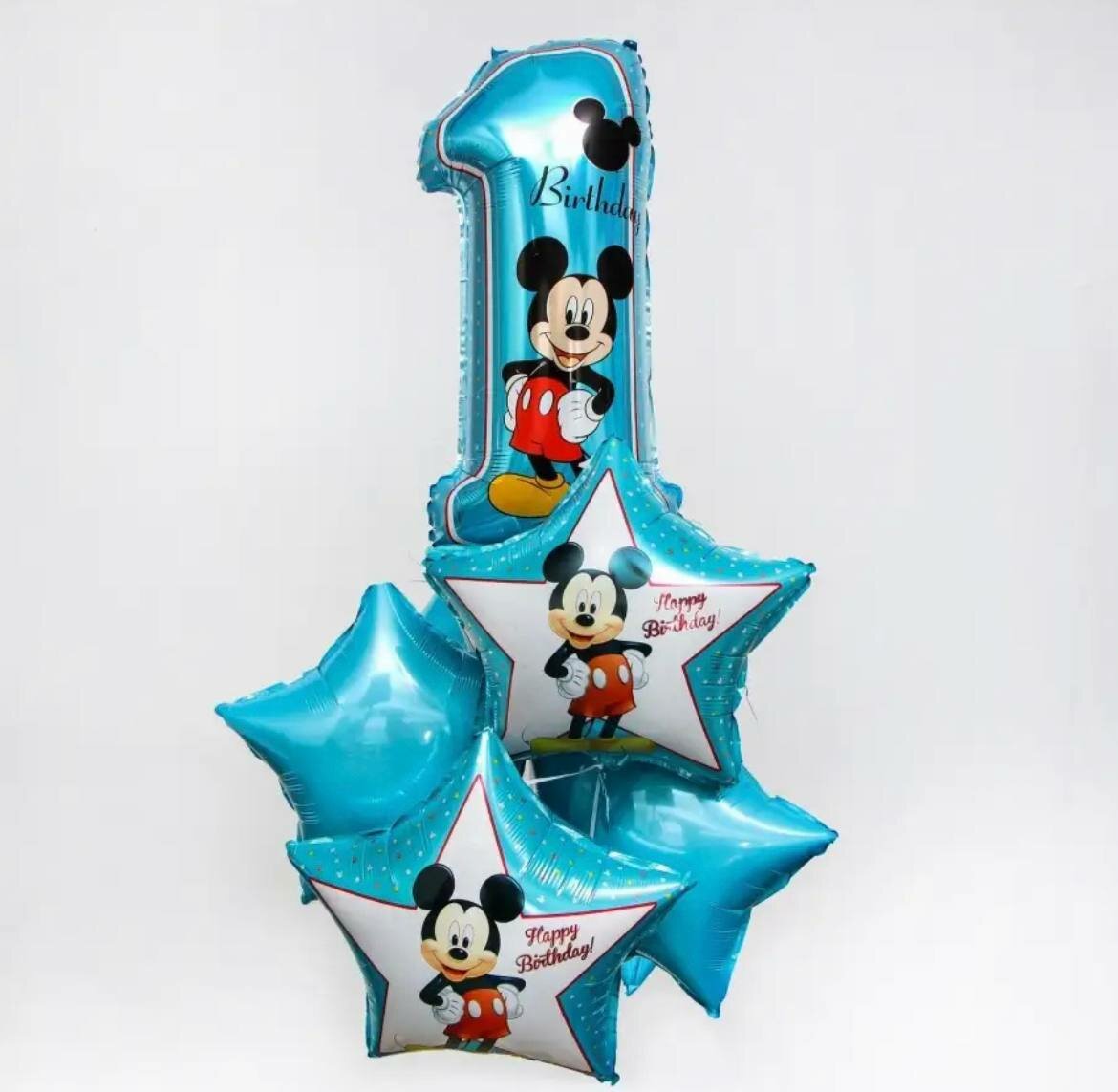 Набор фольгированных шаров Happy Birthday, Микки Маус на день рождение 1 год/бирюзовый цвет